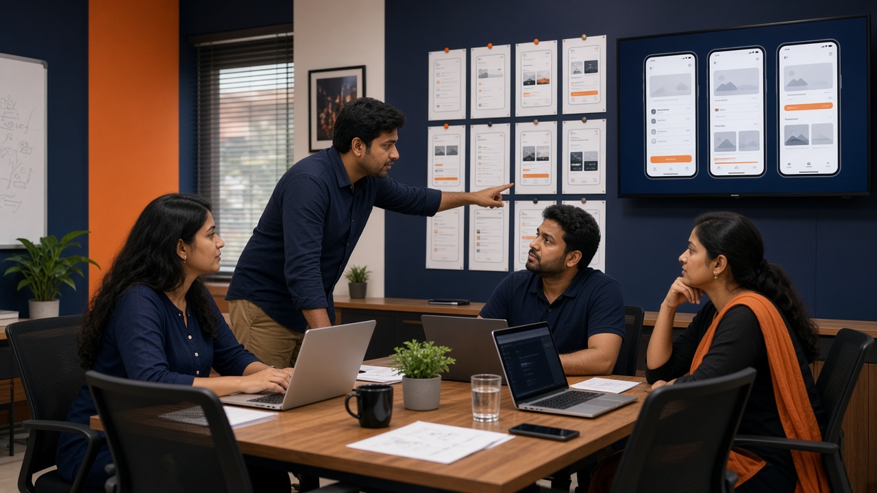 Team reviewing app screens